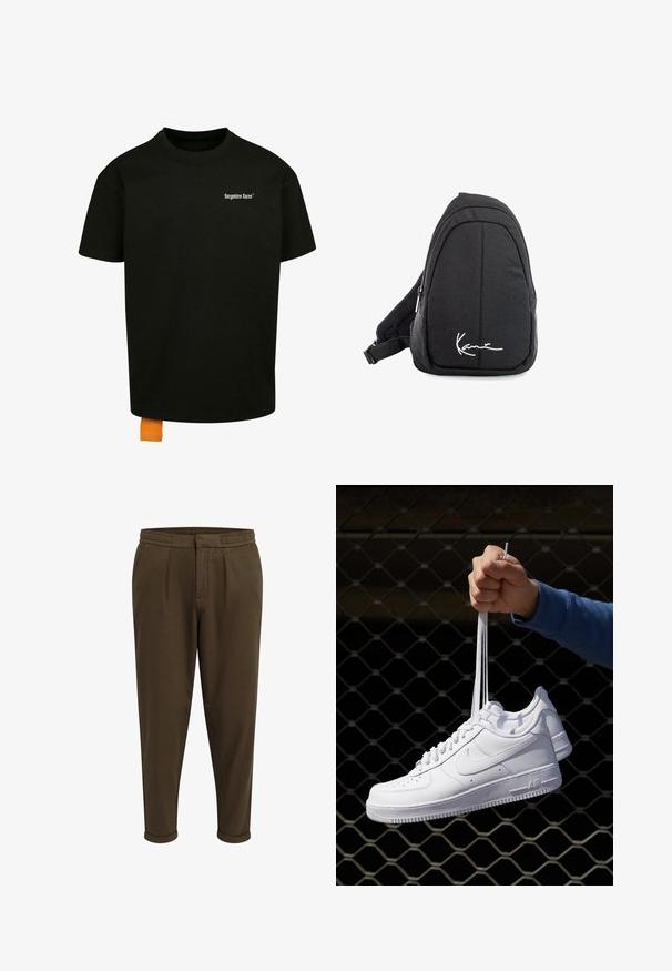 Crna pamukasta majica s opuštenim krojem, okruglim izrezom i kratkim rukavima. Ima bijeli tekstualni logo na prsima i narančastu oznaku na rubu.; Redefined Rebel JOHNNY CROPPED SLIM FIT - Hlače - tarmac; Bijele kožne tenisice s perforacijama, okruglim vrhom, ravnim potplatom i debelim vezicama, s vidljivim swoosh logom i natpisom "AIR" na peti.; Crni platneni ruksak sa sling stilom s glatkom teksturom, koji ima zakrivljen dizajn, zatvoreni odjeljak sa zatvaračem i bijeli logo sprijeda.
