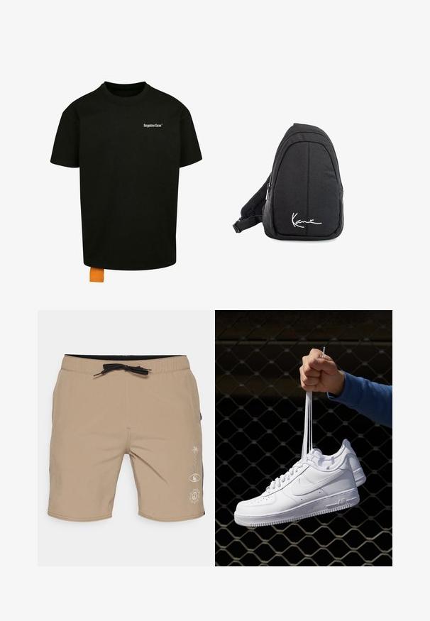 Svart bomulls t-shirt med en lös passform, rundad hals och korta ärmar. Har vit textlogotyp på bröstet och en orange etikett vid fållen.; Tan baddräktsbyxor med svart dragsko, som har sidofickor och vita grafiska mönster inklusive palmsymboler och andra symboler. Mjuk tygkänsla.; Vita lädersneakers med perforeringar, rund tå, platt sula och tjocka snörning, med en synlig swoosh-logga och "AIR" på hälen.; Svart tyg sling ryggsäck med en mjuk textur, med en rundad design, en dragkedjefack och en vit logotyp på framsidan.