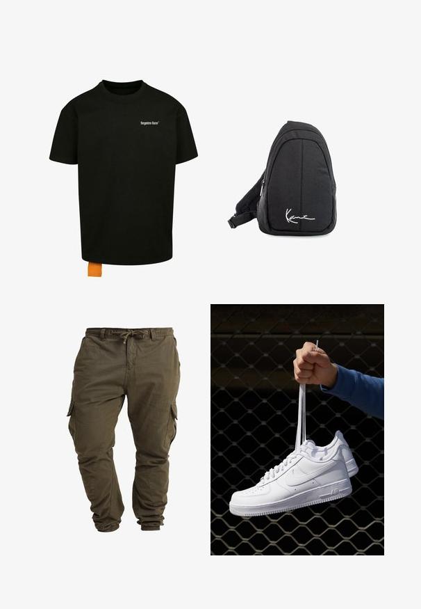 Črna bombažna majica s širokim krojem, okroglim izrezom in kratkimi rokavi. Ima bel napis na prsih in oranžno oznako na robu.; Olive zeleni cargo hlače iz mehkega bombaža z nastavljivim pasom na vrvico, elastičnimi manšetami in stranskimi žepi.; Bela usnjena športna obutev s perforacijami, okroglo konico, ravnim podplatom in debelimi vezalkami, z vidnim logotipom smoosh in napisom "AIR" na peti.; Črn tkaninski sling nahrbtnik z gladko teksturo, ki ima obliko lokov, z zip zapiranjem in belim logotipom na sprednji strani.