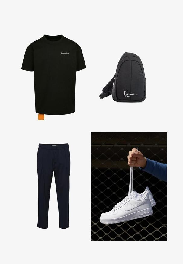 Black cotton t-shirt with a loose fit, crew neck, and short sleeves. Features white text logo on the chest and an orange tag at the hem.; Navy blue tailored pants with a drawstring waist, pleated front, and tapered ankle. Made from a smooth, lightweight fabric.; White leather sneakers with perforations, round toe, flat sole, and thick laces, featuring a visible swoosh logo and "AIR" on the heel.; Black fabric sling backpack with a smooth texture, featuring a curved design, zippered compartment, and a white logo on the front.