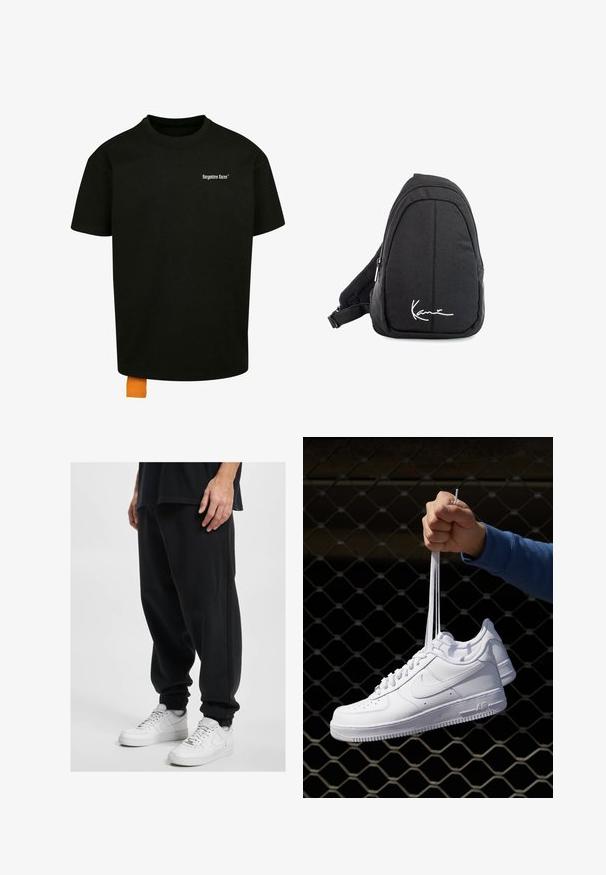 Camiseta de algodón negra con un corte holgado, cuello redondo y mangas cortas. Presenta un logotipo en texto blanco en el pecho y una etiqueta naranja en el dobladillo.; DEF Pantalones deportivos - black washed; Zapatillas de cuero blanco con perforaciones, punta redonda, suela plana y cordones gruesos, con un logo de swoosh visible y "AIR" en el talón.; Mochila de tela negra tipo bandolera con una textura suave, que presenta un diseño curvado, un compartimento con cremallera y un logo blanco en la parte frontal.