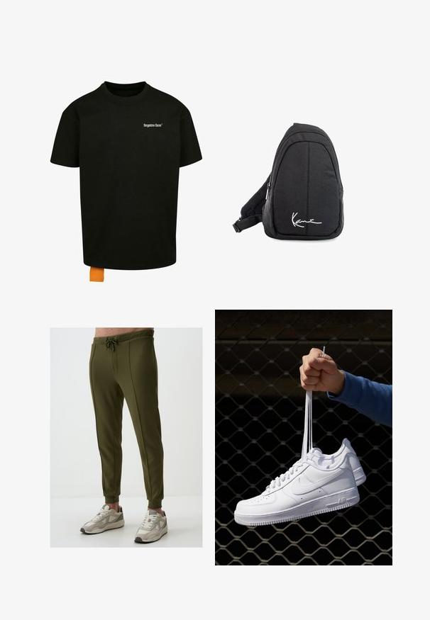 Schwarzes Baumwoll-T-Shirt mit lockerer Passform, Rundhalsausschnitt und kurzen Ärmeln. Mit weißem Textlogo auf der Brust und einem orangefarbenen Etikett am Saum.; Olivgrüne Jogginghosen mit einem Zugbandbund, engen Beinen und seitlichen Nähten. Kombiniert mit beigen und grauen Sportschuhen.; Weiße Leder-Sneaker mit Perforationen, runder Zehenpartie, flacher Sohle und dicken Schnürsenkeln, mit sichtbar eingesticktem Swoosh-Logo und "AIR" an der Ferse.; Schwarzer Stoff-Sling-Rucksack mit glatter Textur, gekennzeichnet durch ein geschwungenes Design, ein Reißverschlussfach und einem weißen Logo auf der Vorderseite.