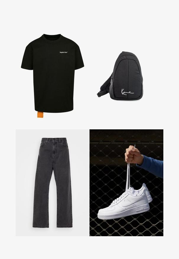 Czarna bawełniana koszulka z luźnym krojem, okrągłym dekoltem i krótkimi rękawami. Zawiera białe logo tekstowe na klatce piersiowej oraz pomarańczową metkę u dołu.; Czarne dżinsy typu denim z prostymi nogawkami, wysokim stanem i klasycznym pięciopocketowym wzorem. Posiadają czyste wykończenie i trwałe szwy.; Białe skórzane sneakersy z perforacjami, okrągłym noskiem, płaską podeszwą i grubymi sznurówkami, z widocznym logo swoosh i napisem „AIR” na pięcie.; Czarny plecak na ramię z gładkiego materiału, o zaokrąglonym kształcie, z zamykaną komorą i białym logo z przodu.