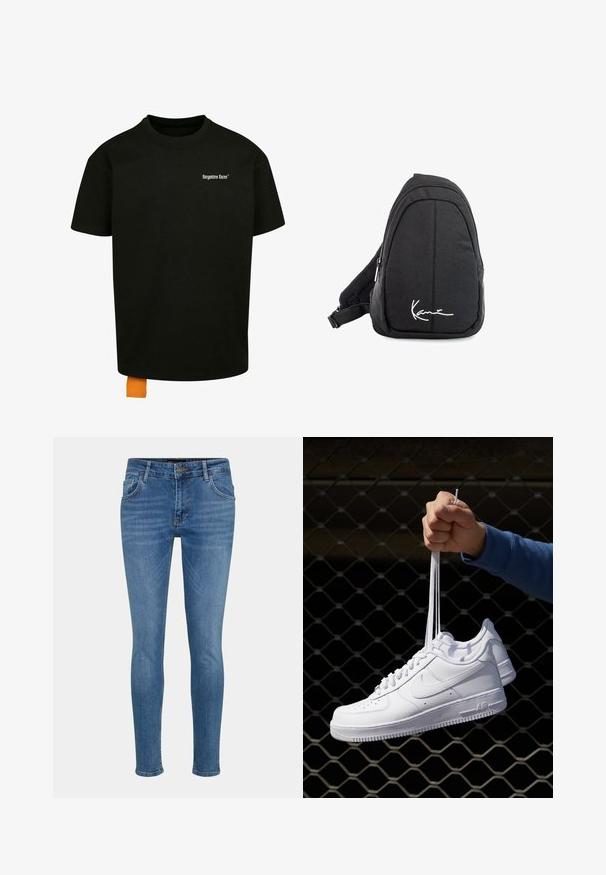 Tricou din bumbac negru, cu o croială lejeră, gât rotund și mâneci scurte. Prezintă un logo din text alb pe piept și un etichetă portocalie la tiv.; Blugi skinny din denim albastru, cu un design clasic cu cinci buzunare, ușor decolorati și un fermoar cu închidere cu buton la talie.; Adidași albaștri din piele cu perforații, vârf rotund, talpă plată și șireturi groase, cu un logo swoosh vizibil și cu inscripția "AIR" pe toc.; Rucsac tip sling din țesătură neagră, cu o textură netedă, având un design curbat, compartiment cu fermoar și un logo alb pe partea din față.