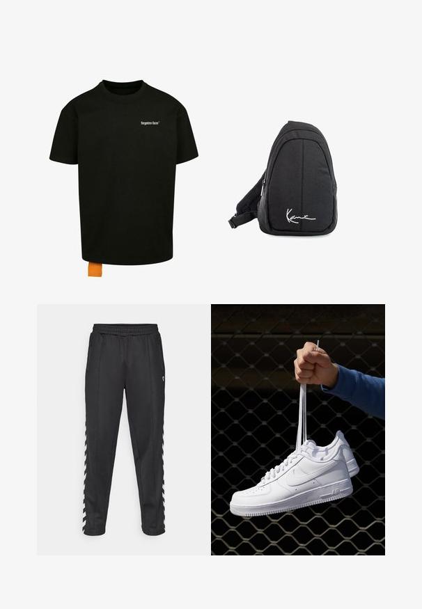 Melnas kokvilnas T-krekls ar brīvu piegriezumu, apaļu kakla izgriezumu un īsām piedurknēm. Uz krūtīm ir balts teksta logo, un apakšmalā ir oranžs uzšuves tags.; Melnas sporta bikses ar elastīgu jostasvietu, ar sānu rāvējslēdzēja kabatām un baltas zigzaga akcentiem gar malām. Gluda tekstūra.; Baltas ādas sporta apavi ar perforācijām, apaļu purngali, plakanu zoli un biezām šņorēm, ar redzamu swoosh logo un vārdu "AIR" uz papēža.; Melnas auduma siksnu mugursoma ar gludu tekstūru, ar izliekta dizaina, ar rāvējslēdzēju, un uz priekšu ir balts logo.