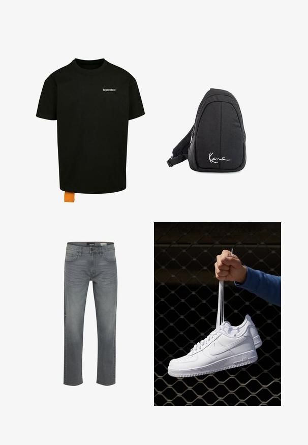 Črna bombažna majica s širokim krojem, okroglim izrezom in kratkimi rokavi. Ima bel napis na prsih in oranžno oznako na robu.; Sive kavbojke z ravnim krojem, petimi žepi, subtilnim zbledeljem in klasičnim gumbastim zapiranjem pri pasu. Gladka tekstura in trpežna tkanina.; Bela usnjena športna obutev s perforacijami, okroglo konico, ravnim podplatom in debelimi vezalkami, z vidnim logotipom smoosh in napisom "AIR" na peti.; Črn tkaninski sling nahrbtnik z gladko teksturo, ki ima obliko lokov, z zip zapiranjem in belim logotipom na sprednji strani.
