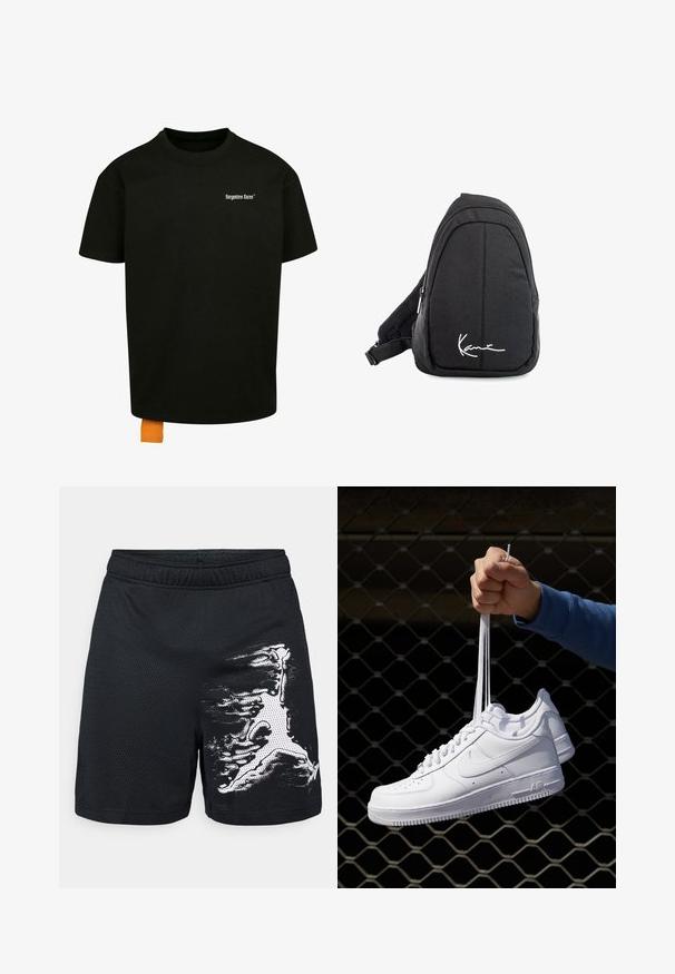Camiseta de algodón negra con un corte holgado, cuello redondo y mangas cortas. Presenta un logotipo en texto blanco en el pecho y una etiqueta naranja en el dobladillo.; Pantalones cortos deportivos de malla negra con una cintura elástica y un patrón abstracto blanco en el lado derecho. Tejido ligero y transpirable.; Zapatillas de cuero blanco con perforaciones, punta redonda, suela plana y cordones gruesos, con un logo de swoosh visible y "AIR" en el talón.; Mochila de tela negra tipo bandolera con una textura suave, que presenta un diseño curvado, un compartimento con cremallera y un logo blanco en la parte frontal.