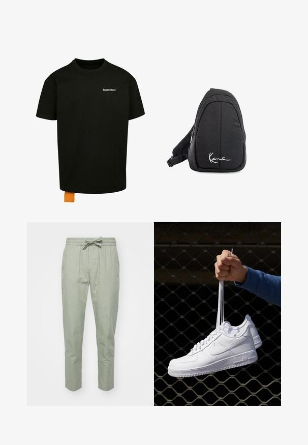 Black cotton t-shirt with a loose fit, crew neck, and short sleeves. Features white text logo on the chest and an orange tag at the hem.; Light green, tapered trousers with an elastic waistband and adjustable drawstring; made of soft, textured fabric for comfort.; White leather sneakers with perforations, round toe, flat sole, and thick laces, featuring a visible swoosh logo and "AIR" on the heel.; Black fabric sling backpack with a smooth texture, featuring a curved design, zippered compartment, and a white logo on the front.