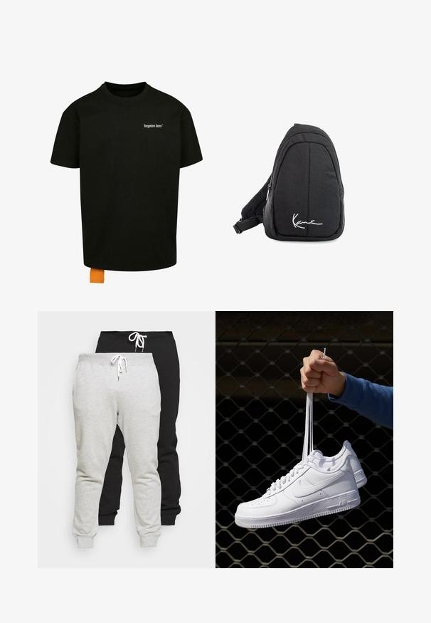 Mustapaita, jossa on löysä istuvuus, pyöreä kaula-aukko ja lyhyet hihat. Rinnassa valkoinen tekstilogo ja hemassa oranssi etiketti.; Kaksi paria verkkareita harmaasta ja mustasta puuvillasekoitekankaasta. Ominaisuuksiin kuuluu naru vyötäröllä ja resorit nilkoissa. Sileä pinta, rento muotoilu.; Valkoiset nahkasneakersit, joissa on rei'ityksiä, pyöreä kärki, tasapohja ja paksut nauhat, joissa on näkyvä swoosh-logo ja "AIR" kantapäässä.; Musta kangaskassireppu, jossa on sileä pinta, kaareva muotoilu, vetoketjullinen osio ja valkoinen logo etupuolella.