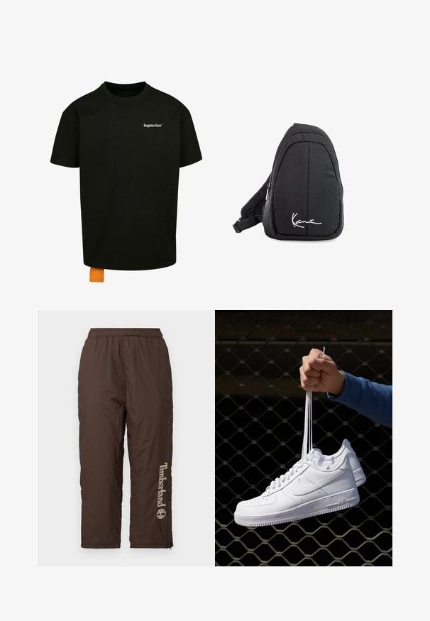 Schwarzes Baumwoll-T-Shirt mit lockerer Passform, Rundhalsausschnitt und kurzen Ärmeln. Mit weißem Textlogo auf der Brust und einem orangefarbenen Etikett am Saum.; Braune Nylonhosen mit einem elastischen Bund. Verfügt über ein vertikales Timberland-Logo in Hellbeige. Glatte Textur, Knöchelfreiheit mit Reißverschlüssen zur Anpassung der Passform.; Weiße Leder-Sneaker mit Perforationen, runder Zehenpartie, flacher Sohle und dicken Schnürsenkeln, mit sichtbar eingesticktem Swoosh-Logo und "AIR" an der Ferse.; Schwarzer Stoff-Sling-Rucksack mit glatter Textur, gekennzeichnet durch ein geschwungenes Design, ein Reißverschlussfach und einem weißen Logo auf der Vorderseite.
