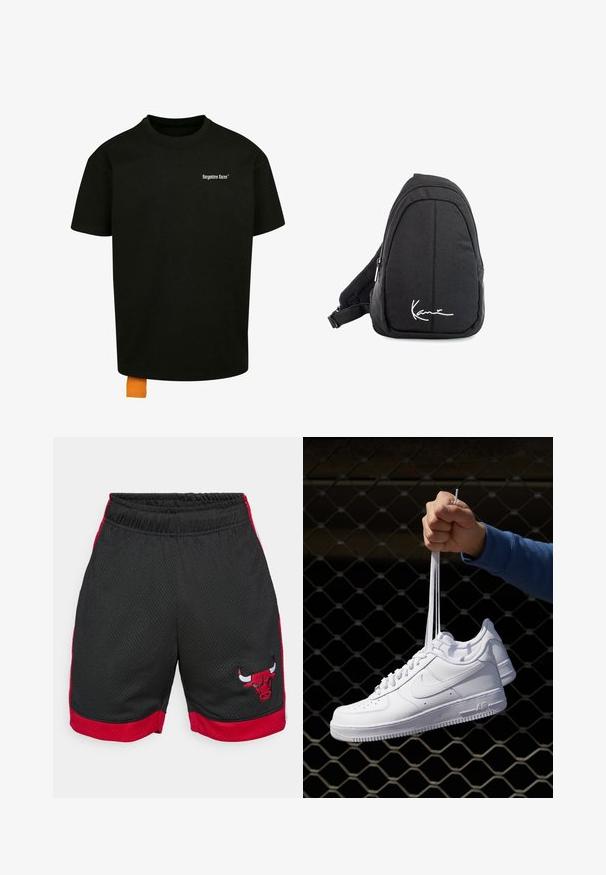 Fekete pamut póló laza szabással, kerek nyakkal és rövid ujjakkal. Fehér szöveges logóval a mellrészen és narancssárga címkével az alján.; Fekete hálós sportnadrág piros oldalsó csíkokkal. Az előző lábszáron hímzett piros és fekete bika logó található. Rugalmas derékpánt.; Fehér bőr sportcipők perforációval, kerek orral, lapos talppal és vastag fűzőkkel, látható swoosh logóval és "AIR" felirattal a sarokrészen.; Fekete szövet válltáska sima textúrával, ívelt kialakítással, cipzáras rekesszel, és egy fehér logóval az elején.