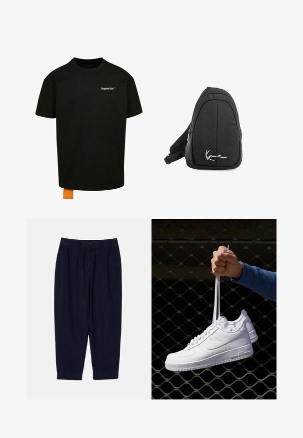 Črna bombažna majica s širokim krojem, okroglim izrezom in kratkimi rokavi. Ima bel napis na prsih in oranžno oznako na robu.; Pompeii LOOSE TROUSER - Hlače - navy; Bela usnjena športna obutev s perforacijami, okroglo konico, ravnim podplatom in debelimi vezalkami, z vidnim logotipom smoosh in napisom "AIR" na peti.; Črn tkaninski sling nahrbtnik z gladko teksturo, ki ima obliko lokov, z zip zapiranjem in belim logotipom na sprednji strani.