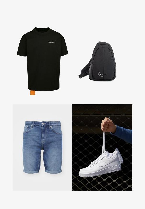 Black cotton t-shirt with a loose fit, crew neck, and short sleeves. Features white text logo on the chest and an orange tag at the hem.; Denim shorts in light blue. Features a classic five-pocket design, rolled hems, and a metal button closure at the waist.; White leather sneakers with perforations, round toe, flat sole, and thick laces, featuring a visible swoosh logo and "AIR" on the heel.; Black fabric sling backpack with a smooth texture, featuring a curved design, zippered compartment, and a white logo on the front.