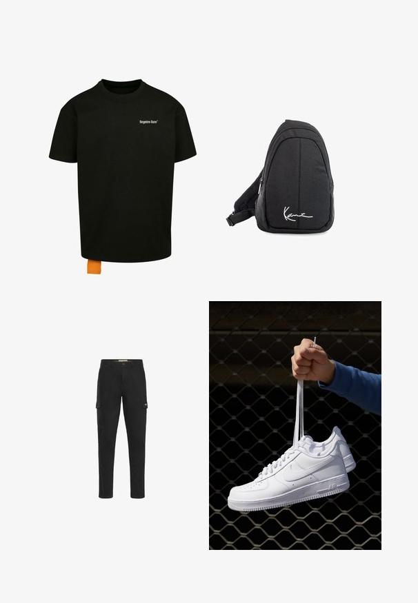 Čierne bavlnené tričko s voľným strihom, okrúhlym výstrihom a krátkymi rukávmi. Obsahuje biele logo s textom na hrudi a oranžový štítok na leme.; Čierne cargo nohavice so štíhlym strihom, ktoré majú dve bočné vrecká a jedno zadné vrecko, vyrobené z odolnej bavlnenej tkaniny.; Biele kožené tenisky s perforáciami, okrúhlou špičkou, plochou podrážkou a hrubými šnúrkami, pričom majú viditeľné logo swoosh a nápis "AIR" na päte.; Čierny látkový vakuový batoh s hladkou textúrou, ktorý má zakrivený dizajn, zipsovú priehradku a biele logo vpredu.