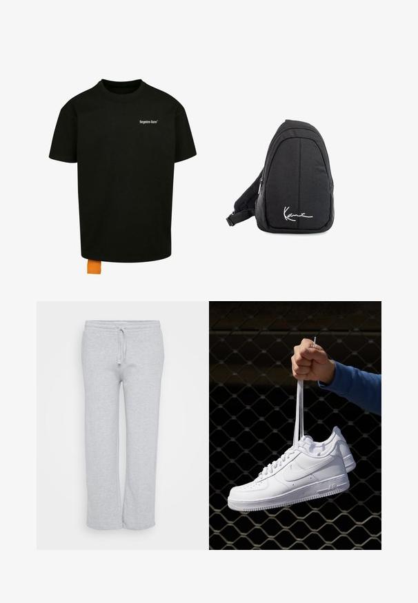 Schwarzes Baumwoll-T-Shirt mit lockerer Passform, Rundhalsausschnitt und kurzen Ärmeln. Mit weißem Textlogo auf der Brust und einem orangefarbenen Etikett am Saum.; Helle graue Sweatpants aus weichem Stoff, mit einem elastischen Bund und Kordelzug, geradem Bein und seitlichen Taschen.; Weiße Leder-Sneaker mit Perforationen, runder Zehenpartie, flacher Sohle und dicken Schnürsenkeln, mit sichtbar eingesticktem Swoosh-Logo und "AIR" an der Ferse.; Schwarzer Stoff-Sling-Rucksack mit glatter Textur, gekennzeichnet durch ein geschwungenes Design, ein Reißverschlussfach und einem weißen Logo auf der Vorderseite.
