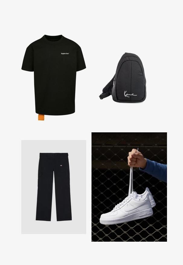 Melnas kokvilnas T-krekls ar brīvu piegriezumu, apaļu kakla izgriezumu un īsām piedurknēm. Uz krūtīm ir balts teksta logo, un apakšmalā ir oranžs uzšuves tags.; Melnas kokvilnas bikses ar vairākiem maisiņiem, gludu tekstūru un logo uz aizmugurējā labā maisiņa.; Baltas ādas sporta apavi ar perforācijām, apaļu purngali, plakanu zoli un biezām šņorēm, ar redzamu swoosh logo un vārdu "AIR" uz papēža.; Melnas auduma siksnu mugursoma ar gludu tekstūru, ar izliekta dizaina, ar rāvējslēdzēju, un uz priekšu ir balts logo.