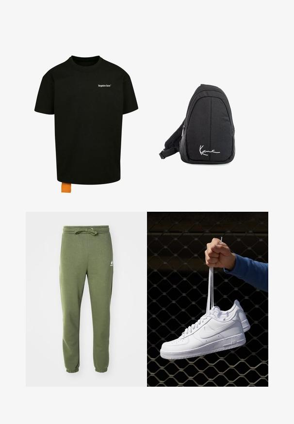 Schwarzes Baumwoll-T-Shirt mit lockerer Passform, Rundhalsausschnitt und kurzen Ärmeln. Mit weißem Textlogo auf der Brust und einem orangefarbenen Etikett am Saum.; Olivgrüne Sweatpants aus weichem Stoff, mit elastischem Bund, Kordelzug und elastischen Bündchen an den Knöcheln. Weißes Logodetail an der Seite.; Weiße Leder-Sneaker mit Perforationen, runder Zehenpartie, flacher Sohle und dicken Schnürsenkeln, mit sichtbar eingesticktem Swoosh-Logo und "AIR" an der Ferse.; Schwarzer Stoff-Sling-Rucksack mit glatter Textur, gekennzeichnet durch ein geschwungenes Design, ein Reißverschlussfach und einem weißen Logo auf der Vorderseite.
