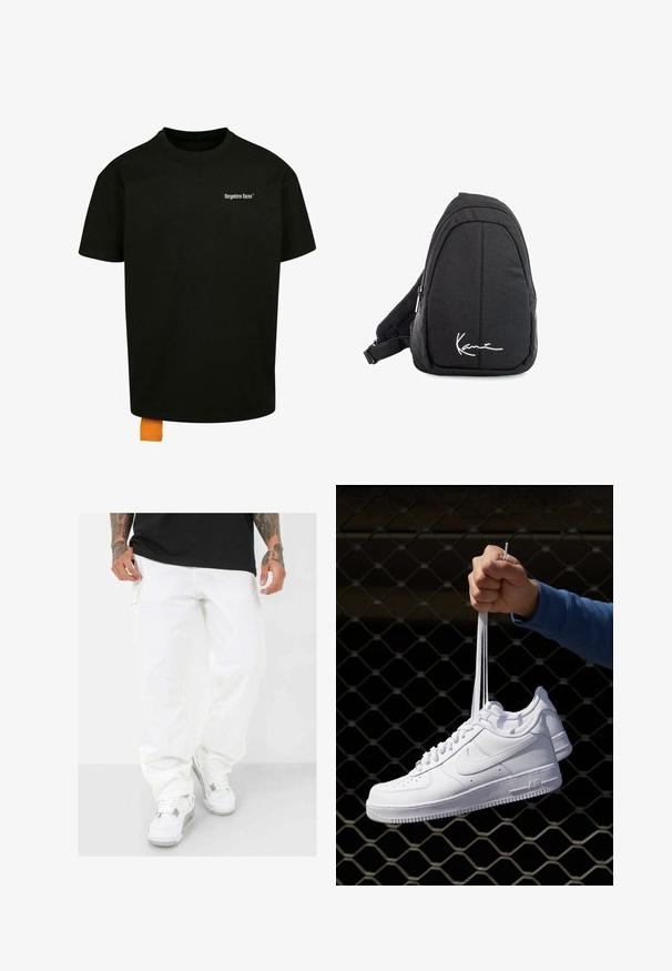 Svart bomulls t-shirt med en lös passform, rundad hals och korta ärmar. Har vit textlogotyp på bröstet och en orange etikett vid fållen.; Vita cargo-byxor i bomull med en avslappnad passform, sidfickor och uppvikta fållar, i kombination med vita sneakers och en svart skjorta.; Vita lädersneakers med perforeringar, rund tå, platt sula och tjocka snörning, med en synlig swoosh-logga och "AIR" på hälen.; Svart tyg sling ryggsäck med en mjuk textur, med en rundad design, en dragkedjefack och en vit logotyp på framsidan.