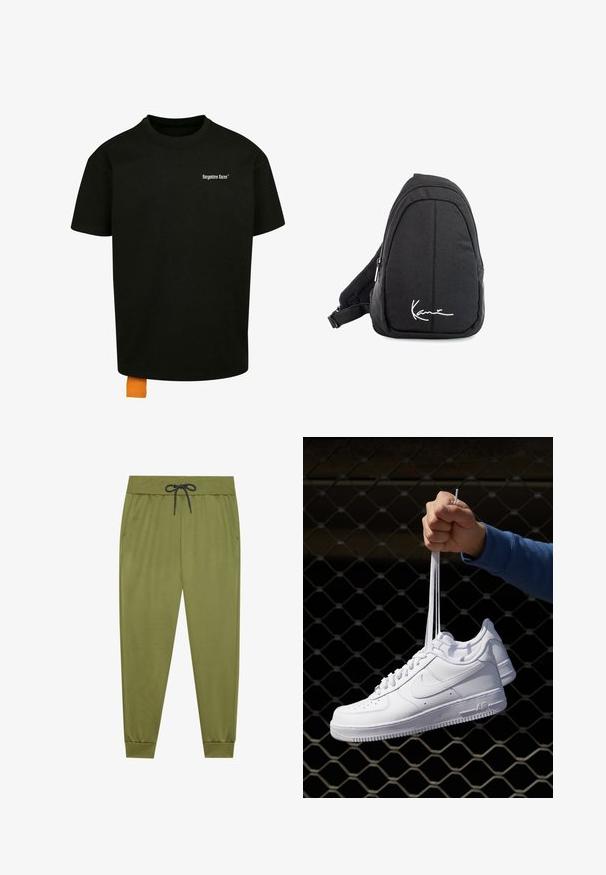 Sort bomulds t-shirt med løs pasform, rund hals og korte ærmer. Har et hvidt tekstlogo på brystet og et orange mærke i kanten.; Olivegrønne sweatpants med elastisk talje, sort snor, sidelommer og ribbede cuffs ved anklerne. Glat tekstur.; Hvide lædersneakers med perforeringer, rund tå, flad sål og tykke snørebånd, med et synligt swoosh-logo og "AIR" på hælen.; Sort stof sling rygsæk med en glat overflade, som har en buet design, lynlåslomme og et hvidt logo på forsiden.
