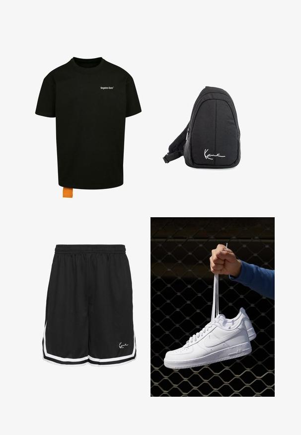 Must must T-särk, millel on lõtv lõige, ümmargune kaelus ja lühikesed varrukad. Rinnal on valge teksti logo ja hemil oranž silt.; Mustad mustad lühikesed püksid elastse vöökoha ja valgete külgriipidega, mille alumises esiosas paremal on logo. Veidi tekstureeritud kangas.; Valged nahast tennisetossud, millel on perforatsioonid, ümar nina, lame tallus ja paksud nöörid, nähtava swooshi logoga ja "AIR" kontsadel.; Mustmust kangas õlakott sujuva tekstuuriga, millel on kaarduv disain, tõmblukuga sektsioon ja valge logo esiküljel.