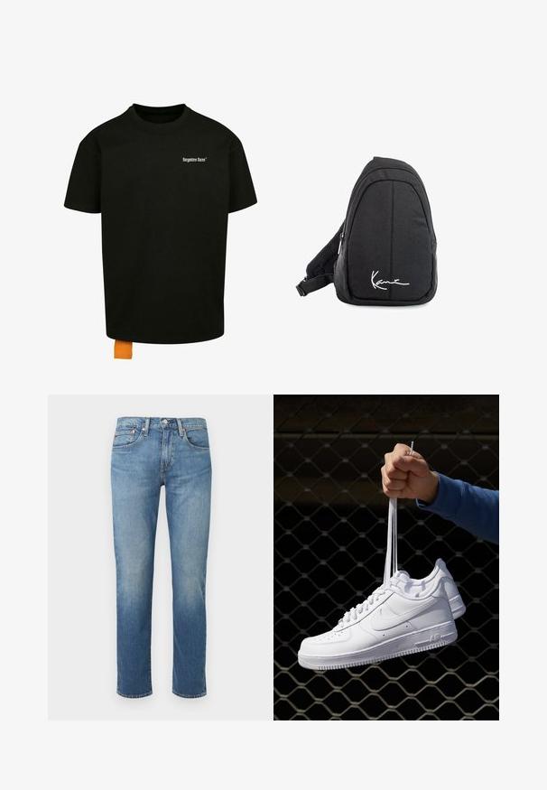 Juodas medvilnės marškinėliai laisvu kirpimu, apvalia iškirpte ir trumpomis rankovėmis. Pirmoje pusėje yra balta tekstinė logo ir oranžinė etiketė ant apačios.; Mėlynos džinsinės kelnės su tiesiu kirpimu, penkių kišenių dizainu ir žalvariniais elementais. Šviesiai nuskiedžiama skalbimo ir subtilūs siuvimo detalės visame paviršiuje.; Balti odiniai sportiniai bateliai su perforacijomis, apvalia nosimi, plokščiu padu ir storomis raištelėmis, su matomu swoosh logotipu ir "AIR" ant kulno.; Juodas audinio petinis krepšys su lygiu paviršiumi, turintis kreivą dizainą, užtrauktuku uždaromą skyrių ir baltą logotipą priekyje.