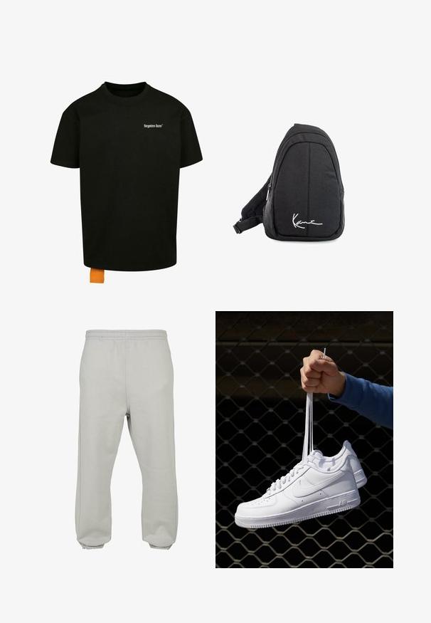 Camiseta de algodón negra con un corte holgado, cuello redondo y mangas cortas. Presenta un logotipo en texto blanco en el pecho y una etiqueta naranja en el dobladillo.; Pantalones de chándal gris claro, hechos de un tejido suave, con cintura elástica, perneras ajustadas y puños acanalados para un ajuste cómodo.; Zapatillas de cuero blanco con perforaciones, punta redonda, suela plana y cordones gruesos, con un logo de swoosh visible y "AIR" en el talón.; Mochila de tela negra tipo bandolera con una textura suave, que presenta un diseño curvado, un compartimento con cremallera y un logo blanco en la parte frontal.