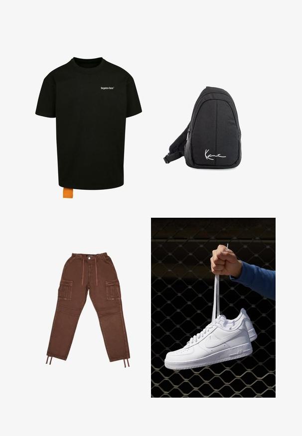 Čierne bavlnené tričko s voľným strihom, okrúhlym výstrihom a krátkymi rukávmi. Obsahuje biele logo s textom na hrudi a oranžový štítok na leme.; Hnedé cargo nohavice z ľahkej tkaniny, s elastickým pásom, našitými vreckami po stranách a sťahovacími šnúrkami na manžetách.; Biele kožené tenisky s perforáciami, okrúhlou špičkou, plochou podrážkou a hrubými šnúrkami, pričom majú viditeľné logo swoosh a nápis "AIR" na päte.; Čierny látkový vakuový batoh s hladkou textúrou, ktorý má zakrivený dizajn, zipsovú priehradku a biele logo vpredu.