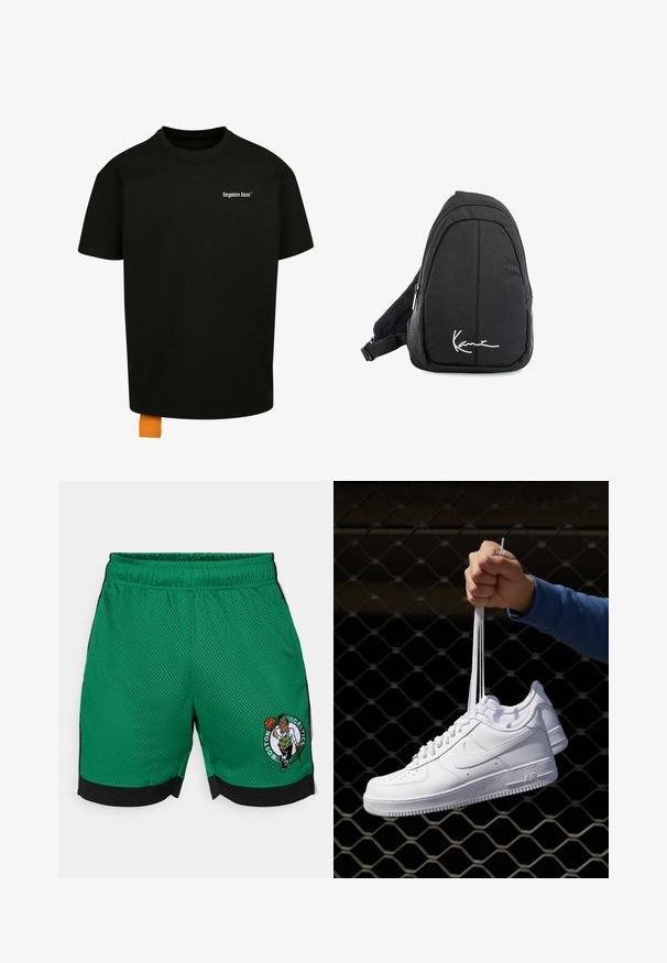 Fekete pamut póló laza szabással, kerek nyakkal és rövid ujjakkal. Fehér szöveges logóval a mellrészen és narancssárga címkével az alján.; Zöld kosárlabdás rövidnadrág, légáteresztő anyagból, fekete derékkal, oldalsó panelekből és hímzett Boston Celtics logóból készült.; Fehér bőr sportcipők perforációval, kerek orral, lapos talppal és vastag fűzőkkel, látható swoosh logóval és "AIR" felirattal a sarokrészen.; Fekete szövet válltáska sima textúrával, ívelt kialakítással, cipzáras rekesszel, és egy fehér logóval az elején.