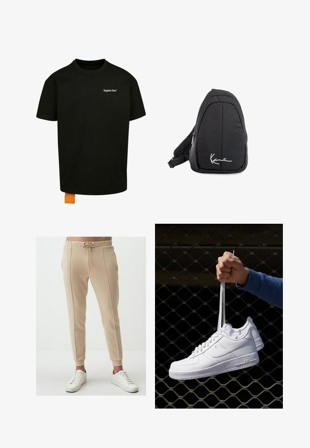 Schwarzes Baumwoll-T-Shirt mit lockerer Passform, Rundhalsausschnitt und kurzen Ärmeln. Mit weißem Textlogo auf der Brust und einem orangefarbenen Etikett am Saum.; Beige Jogginghosen mit einem Kordelzugbund, seitlichen Taschen und gerippten Bündchen. Glattes, strukturiertes Material mit vertikalen Nahtdetails. Getragen mit weißen Sneakers.; Weiße Leder-Sneaker mit Perforationen, runder Zehenpartie, flacher Sohle und dicken Schnürsenkeln, mit sichtbar eingesticktem Swoosh-Logo und "AIR" an der Ferse.; Schwarzer Stoff-Sling-Rucksack mit glatter Textur, gekennzeichnet durch ein geschwungenes Design, ein Reißverschlussfach und einem weißen Logo auf der Vorderseite.