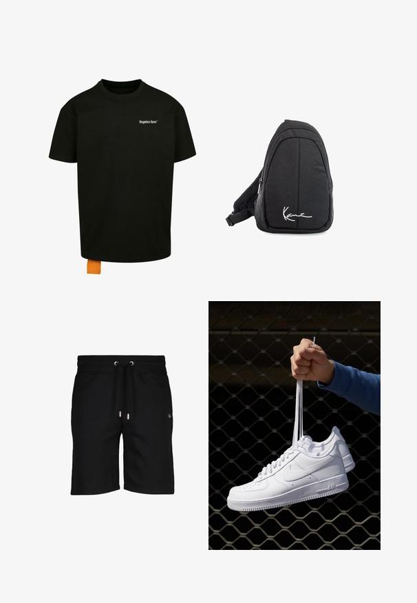 Must must T-särk, millel on lõtv lõige, ümmargune kaelus ja lühikesed varrukad. Rinnal on valge teksti logo ja hemil oranž silt.; Mustad mustad lõhikuga mustad puuvillased lühikesed püksid, millel on nööriga vöökoht, hõbedased silmade augud ja diskreetne logo detail vasakul küljel. Silmadega tekstuur ja põlvekõrgune lõige.; Valged nahast tennisetossud, millel on perforatsioonid, ümar nina, lame tallus ja paksud nöörid, nähtava swooshi logoga ja "AIR" kontsadel.; Mustmust kangas õlakott sujuva tekstuuriga, millel on kaarduv disain, tõmblukuga sektsioon ja valge logo esiküljel.
