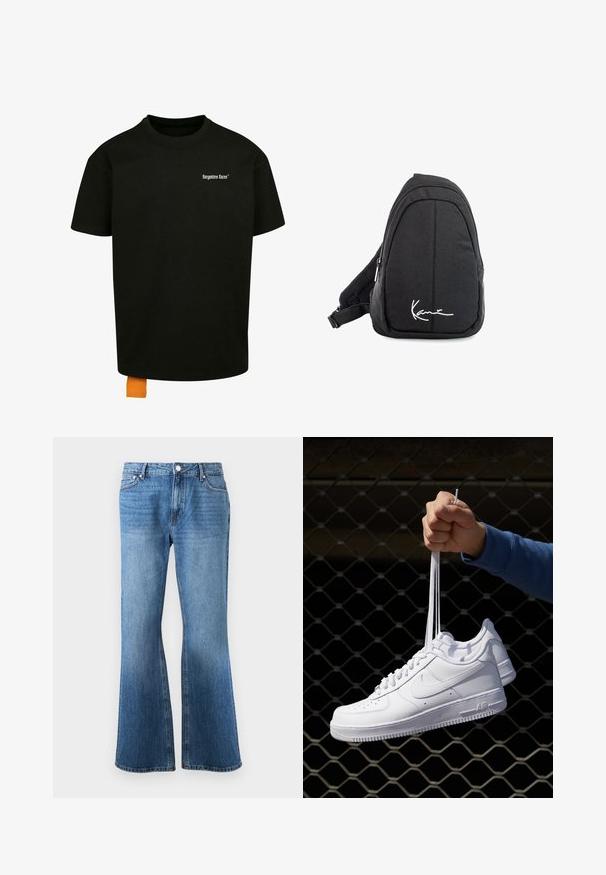 Black cotton t-shirt with a loose fit, crew neck, and short sleeves. Features white text logo on the chest and an orange tag at the hem.; Blue denim jeans with a high waist and wide-leg cut, featuring front pockets, belt loops, and a button closure.; White leather sneakers with perforations, round toe, flat sole, and thick laces, featuring a visible swoosh logo and "AIR" on the heel.; Black fabric sling backpack with a smooth texture, featuring a curved design, zippered compartment, and a white logo on the front.