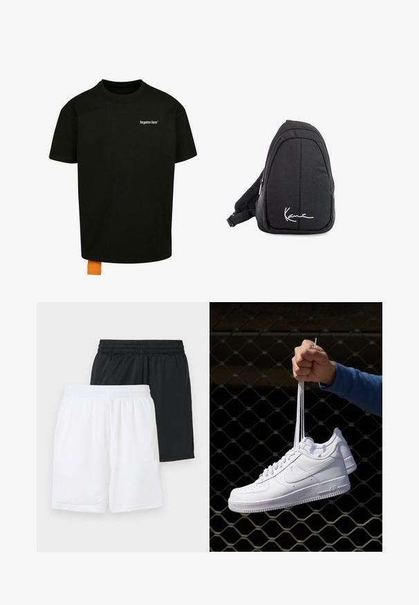 T-shirt en coton noir avec une coupe décontractée, col rond et manches courtes. Présente un logo en texte blanc sur la poitrine et une étiquette orange à l'ourlet.; Deux paires de shorts de sport : un noir, un blanc. Les deux présentent une taille élastique et une texture en maille respirante.; Baskets en cuir blanc avec perforations, à bout rond, semelle plate et lacets épais, arborant un logo swoosh visible et "AIR" sur le talon.; Sac à dos en toile noire avec une texture lisse, arborant un design courbé, un compartiment zippé et un logo blanc sur le devant.