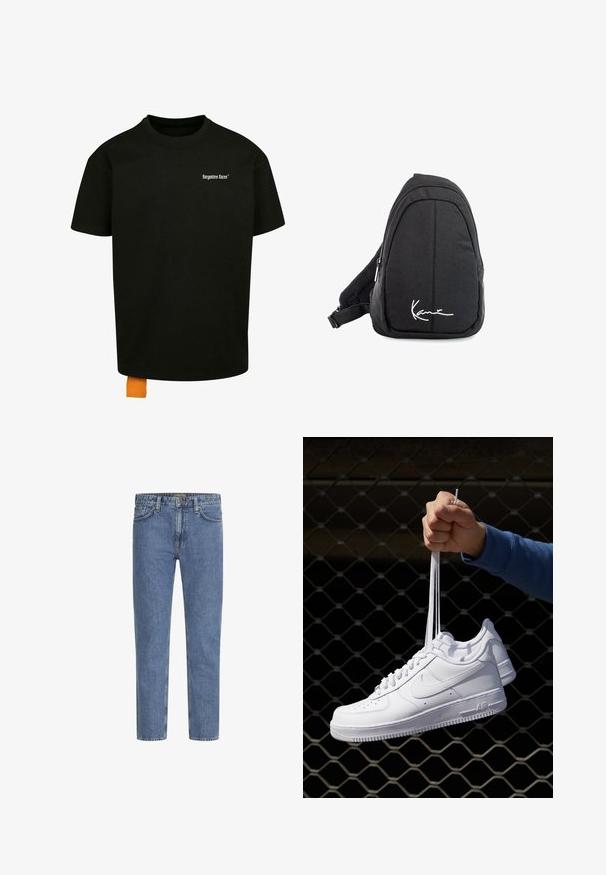 Svart bomulls t-shirt med en lös passform, rundad hals och korta ärmar. Har vit textlogotyp på bröstet och en orange etikett vid fållen.; Ljusblå denimjeans med rakt ben, fem fickor och kontrasterande sömmar. Lätt blekta för en sliten look. Tjock metallknapp.; Vita lädersneakers med perforeringar, rund tå, platt sula och tjocka snörning, med en synlig swoosh-logga och "AIR" på hälen.; Svart tyg sling ryggsäck med en mjuk textur, med en rundad design, en dragkedjefack och en vit logotyp på framsidan.