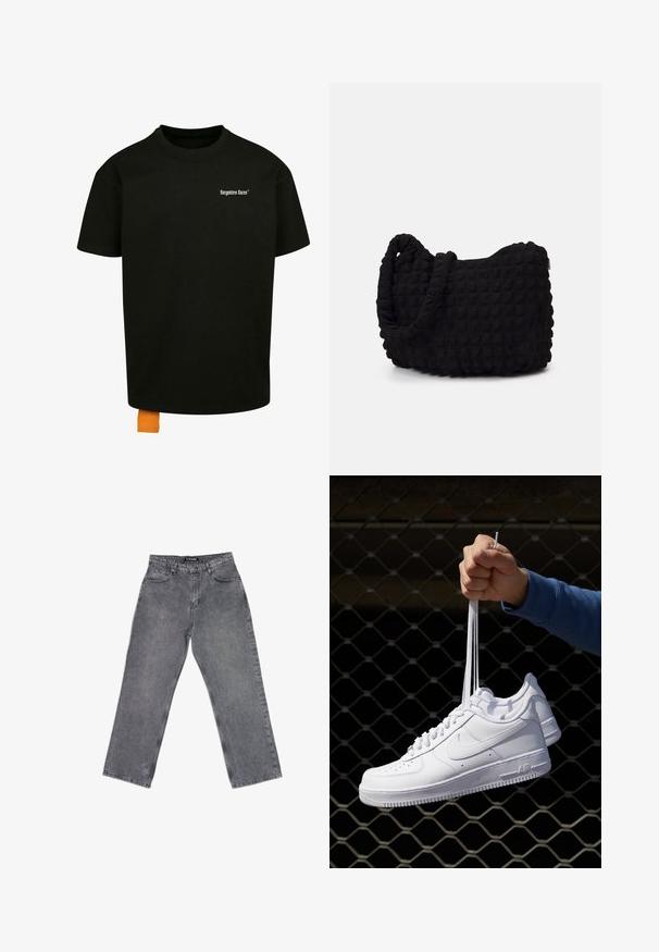 Tricou din bumbac negru, cu o croială lejeră, gât rotund și mâneci scurte. Prezintă un logo din text alb pe piept și un etichetă portocalie la tiv.; Pantaloni din denim gri cu croială dreaptă, având cinci buzunare, curea pentru brâu și o textură decolorată. Design simplu, fără modele vizibile.; Adidași albaștri din piele cu perforații, vârf rotund, talpă plată și șireturi groase, cu un logo swoosh vizibil și cu inscripția "AIR" pe toc.; Geantă dintr-un material textil negru, cu un model texturat și matlasat. Formă rotundă, mânere scurte și groase, și o structură moale, flexibilă.