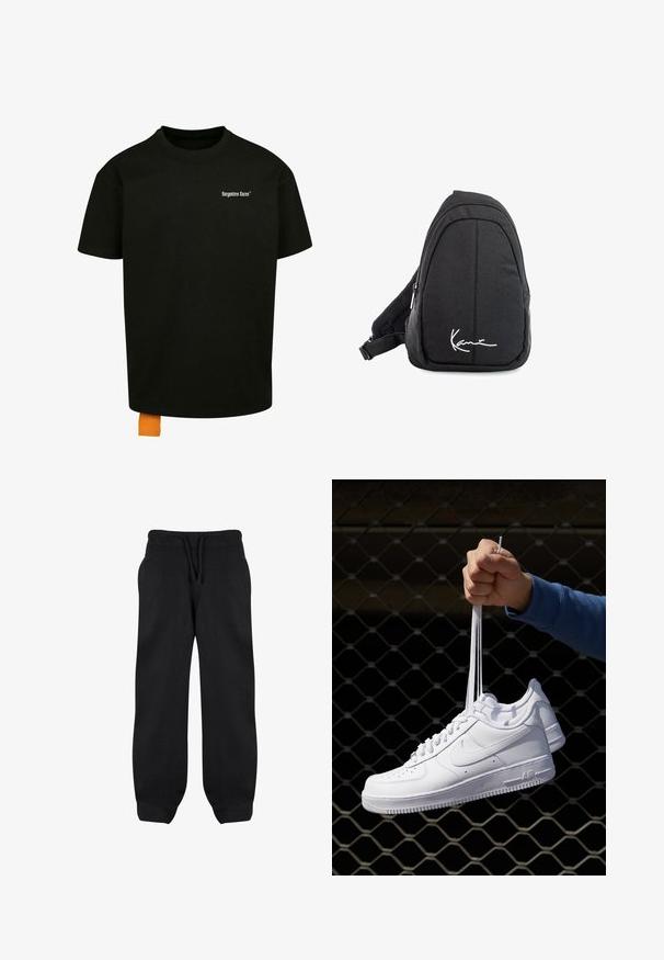 Czarna bawełniana koszulka z luźnym krojem, okrągłym dekoltem i krótkimi rękawami. Zawiera białe logo tekstowe na klatce piersiowej oraz pomarańczową metkę u dołu.; Czarne spodnie dresowe z elastycznym pasem, sznurkiem i bocznymi kieszeniami. Wykonane z miękkiego materiału, o luźnym kroju i ściągaczach na nogawkach.; Białe skórzane sneakersy z perforacjami, okrągłym noskiem, płaską podeszwą i grubymi sznurówkami, z widocznym logo swoosh i napisem „AIR” na pięcie.; Czarny plecak na ramię z gładkiego materiału, o zaokrąglonym kształcie, z zamykaną komorą i białym logo z przodu.