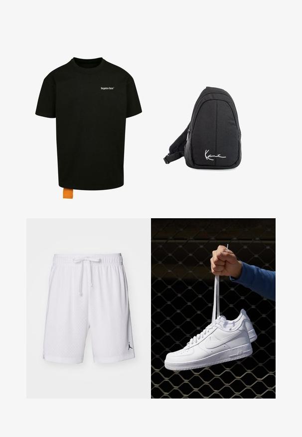 Tricou din bumbac negru, cu o croială lejeră, gât rotund și mâneci scurte. Prezintă un logo din text alb pe piept și un etichetă portocalie la tiv.; Shorts albi de atletism cu o textură din plasă, talie elastică și șnur. Prezintă un logo negru în partea stângă jos.; Adidași albaștri din piele cu perforații, vârf rotund, talpă plată și șireturi groase, cu un logo swoosh vizibil și cu inscripția "AIR" pe toc.; Rucsac tip sling din țesătură neagră, cu o textură netedă, având un design curbat, compartiment cu fermoar și un logo alb pe partea din față.