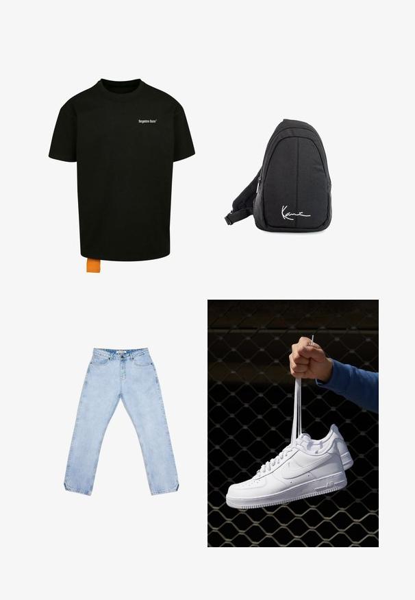 Svart bomulls t-shirt med en lös passform, rundad hals och korta ärmar. Har vit textlogotyp på bröstet och en orange etikett vid fållen.; Ljusblå denimjeans med rak benmodell, utrustade med fem fickor, knäppning med knapp och subtila blekningar. Inga synliga mönster eller logotyper.; Vita lädersneakers med perforeringar, rund tå, platt sula och tjocka snörning, med en synlig swoosh-logga och "AIR" på hälen.; Svart tyg sling ryggsäck med en mjuk textur, med en rundad design, en dragkedjefack och en vit logotyp på framsidan.