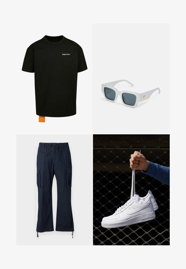 Mustapaita, jossa on löysä istuvuus, pyöreä kaula-aukko ja lyhyet hihat. Rinnassa valkoinen tekstilogo ja hemassa oranssi etiketti.; Meripuku cargo navy, jossa on joustava vyötärö, säädettävä kiristysnauha, kaksi sivutaskua ja kapeat lahkeet kiristysnauhoilla. Valmistettu kestävästä kankaasta.; Valkoiset nahkasneakersit, joissa on rei'ityksiä, pyöreä kärki, tasapohja ja paksut nauhat, joissa on näkyvä swoosh-logo ja "AIR" kantapäässä.; Valkoiset neliönmuotoiset aurinkolasit, joissa on tummat linssit. Paksut kehykset, sileä pinta ja oranssi logo yksityiskohtana sivuvarressa. Kulmikas muoto.; Musta urheilukassi, jossa on sileä kangas, kaksinkertaiset vetoketjulliset osastot, pehmustetut kahvat ja suuri valkoinen Nike-logo edessä.