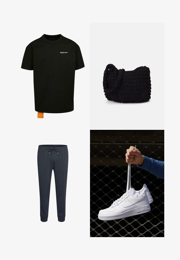 Schwarzes Baumwoll-T-Shirt mit lockerer Passform, Rundhalsausschnitt und kurzen Ärmeln. Mit weißem Textlogo auf der Brust und einem orangefarbenen Etikett am Saum.; Marineblaue Sweatpants mit einem elastischen Bund, Kordelzug, seitlichen Taschen und schmal zulaufendem Bein Design. Weicher Stoff und glatte Textur.; Weiße Leder-Sneaker mit Perforationen, runder Zehenpartie, flacher Sohle und dicken Schnürsenkeln, mit sichtbar eingesticktem Swoosh-Logo und "AIR" an der Ferse.; Schwarze Stofftasche mit einer strukturierten, gesteppten Oberfläche. Abgerundete Form, kurze, dicke Griffe und eine weiche, flexible Struktur.