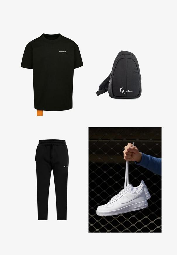 Camiseta de algodón negra con un corte holgado, cuello redondo y mangas cortas. Presenta un logotipo en texto blanco en el pecho y una etiqueta naranja en el dobladillo.; Pantalones de chándal negros hechos de una tela suave, con un cinturón elástico y cordón ajustable, y un acento de logo blanco en el muslo izquierdo.; Zapatillas de cuero blanco con perforaciones, punta redonda, suela plana y cordones gruesos, con un logo de swoosh visible y "AIR" en el talón.; Mochila de tela negra tipo bandolera con una textura suave, que presenta un diseño curvado, un compartimento con cremallera y un logo blanco en la parte frontal.