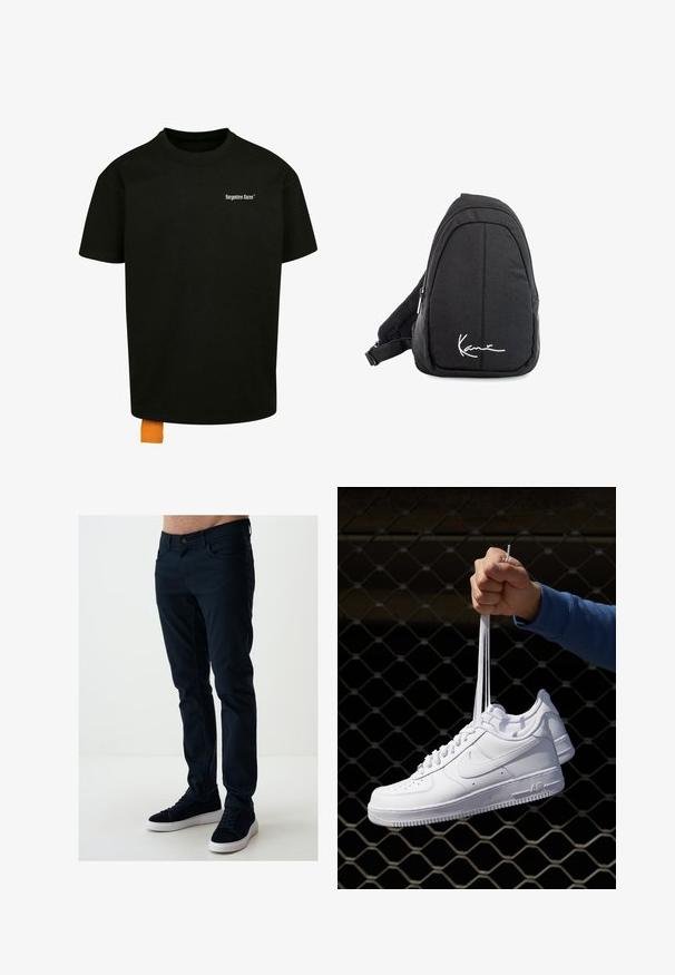 T-shirt nero in cotone con vestibilità ampia, colletto rotondo e maniche corte. Presenta un logo in testo bianco sul petto e un'etichetta arancio sull'orlo.; Jeans slim-fit blu scuro in cotone con una texture liscia, dotati di tasche anteriori e chiusura con bottone standard. Abbinati a sneakers nere.; Sneakers in pelle bianca con perforazioni, punta rotonda, suola piatta e lacci spessi, con logo swoosh visibile e "AIR" sul tallone.; Zaino a tracolla in tessuto nero con una superficie liscia, caratterizzato da un design curvo, scomparto con zip e un logo bianco sul davanti.