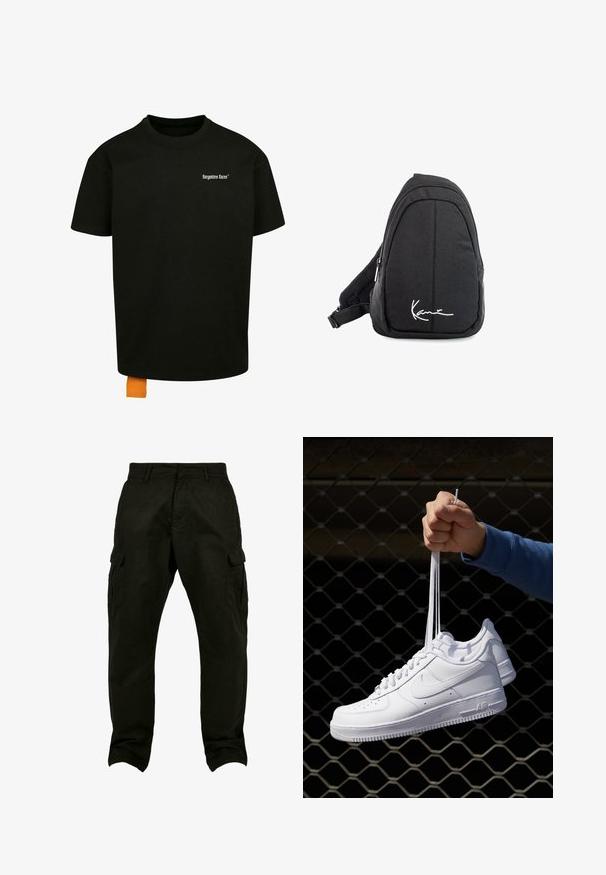 Svart bomulls t-shirt med en lös passform, rundad hals och korta ärmar. Har vit textlogotyp på bröstet och en orange etikett vid fållen.; Svarta bomullscargo-byxor med en avslappnad passform, med sidofickor, bälteshällor och raka ben. Texturerat tyg och förstärkt sömnad.; Vita lädersneakers med perforeringar, rund tå, platt sula och tjocka snörning, med en synlig swoosh-logga och "AIR" på hälen.; Svart tyg sling ryggsäck med en mjuk textur, med en rundad design, en dragkedjefack och en vit logotyp på framsidan.