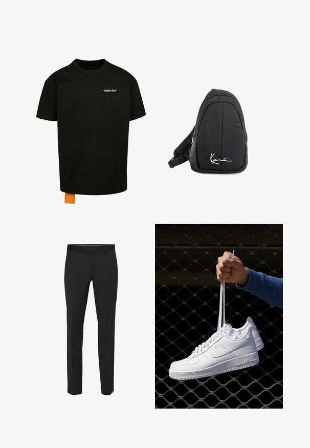 Fekete pamut póló laza szabással, kerek nyakkal és rövid ujjakkal. Fehér szöveges logóval a mellrészen és narancssárga címkével az alján.; Fekete nadrág egyenes szabással, sima textúrával és lapos elülső résszel. Övcsipeszes derékrésszel és diszkrét varrásokkal rendelkezik.; Fehér bőr sportcipők perforációval, kerek orral, lapos talppal és vastag fűzőkkel, látható swoosh logóval és "AIR" felirattal a sarokrészen.; Fekete szövet válltáska sima textúrával, ívelt kialakítással, cipzáras rekesszel, és egy fehér logóval az elején.