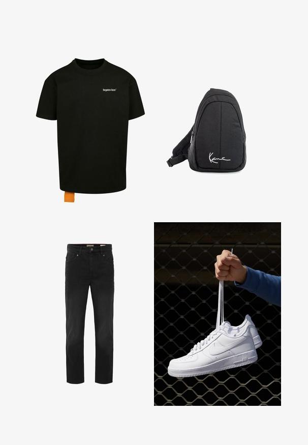 Černé bavlněné tričko s volným střihem, kulatým výstřihem a krátkými rukávy. Na hrudi se nachází bílý textový logo a na lemu je oranžová etiketa.; Černé džíny z denimu se střihem rovného nohavice. Mají pět kapes, zapínání na knoflík a jemnou texturu. Čistý a klasický vzhled.; Bílé kožené tenisky s perforacemi, kulatou špičkou, plochou podrážkou a silnými tkaničkami, které mají viditelné logo swoosh a nápis "AIR" na patě.; Černý textilní batoh s popruhem přes rameno, hladkým povrchem, zakřiveným designem, zipovou přihrádkou a bílým logem na přední straně.