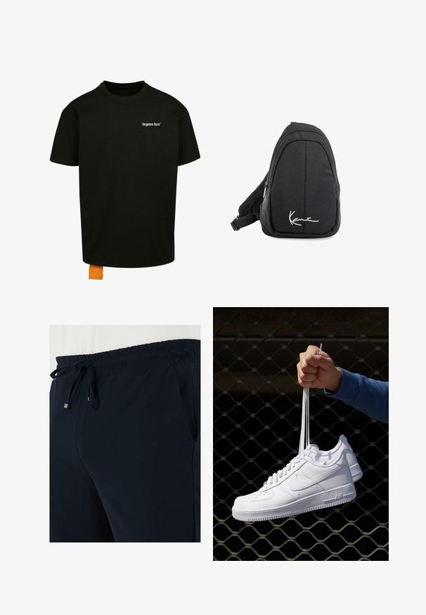 Schwarzes Baumwoll-T-Shirt mit lockerer Passform, Rundhalsausschnitt und kurzen Ärmeln. Mit weißem Textlogo auf der Brust und einem orangefarbenen Etikett am Saum.; Marineblaue Sporthosen mit einem elastischen Bund, verstellbarem Kordelzug und seitlichen Taschen, hergestellt aus weichem, leichtem Stoff.; Weiße Leder-Sneaker mit Perforationen, runder Zehenpartie, flacher Sohle und dicken Schnürsenkeln, mit sichtbar eingesticktem Swoosh-Logo und "AIR" an der Ferse.; Schwarzer Stoff-Sling-Rucksack mit glatter Textur, gekennzeichnet durch ein geschwungenes Design, ein Reißverschlussfach und einem weißen Logo auf der Vorderseite.