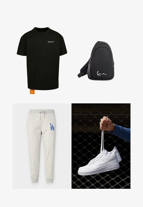 Schwarzes Baumwoll-T-Shirt mit lockerer Passform, Rundhalsausschnitt und kurzen Ärmeln. Mit weißem Textlogo auf der Brust und einem orangefarbenen Etikett am Saum.; Graue Sweatpants aus einem weichen Material mit elastischem Bund und Kordelzug. Mit einem blauen "LA"-Logo an der linken Hüfte.; Weiße Leder-Sneaker mit Perforationen, runder Zehenpartie, flacher Sohle und dicken Schnürsenkeln, mit sichtbar eingesticktem Swoosh-Logo und "AIR" an der Ferse.; Schwarzer Stoff-Sling-Rucksack mit glatter Textur, gekennzeichnet durch ein geschwungenes Design, ein Reißverschlussfach und einem weißen Logo auf der Vorderseite.