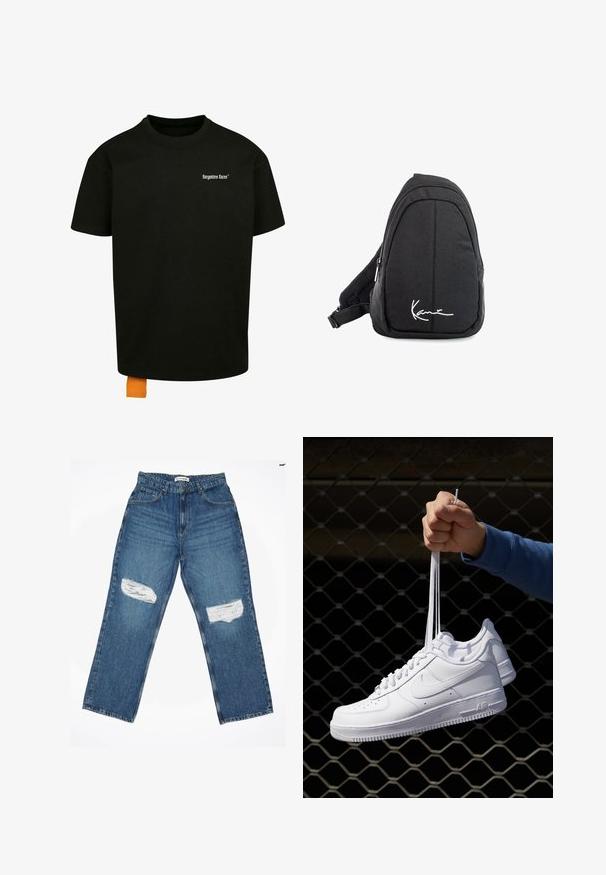 Mustapaita, jossa on löysä istuvuus, pyöreä kaula-aukko ja lyhyet hihat. Rinnassa valkoinen tekstilogo ja hemassa oranssi etiketti.; Vaaleansiniset farkut suoranlahkeisella muotoilulla, joissa on kaksi kulutettu polvipaikkaa ja perinteinen viiden taskun tyyli.; Valkoiset nahkasneakersit, joissa on rei'ityksiä, pyöreä kärki, tasapohja ja paksut nauhat, joissa on näkyvä swoosh-logo ja "AIR" kantapäässä.; Musta kangaskassireppu, jossa on sileä pinta, kaareva muotoilu, vetoketjullinen osio ja valkoinen logo etupuolella.
