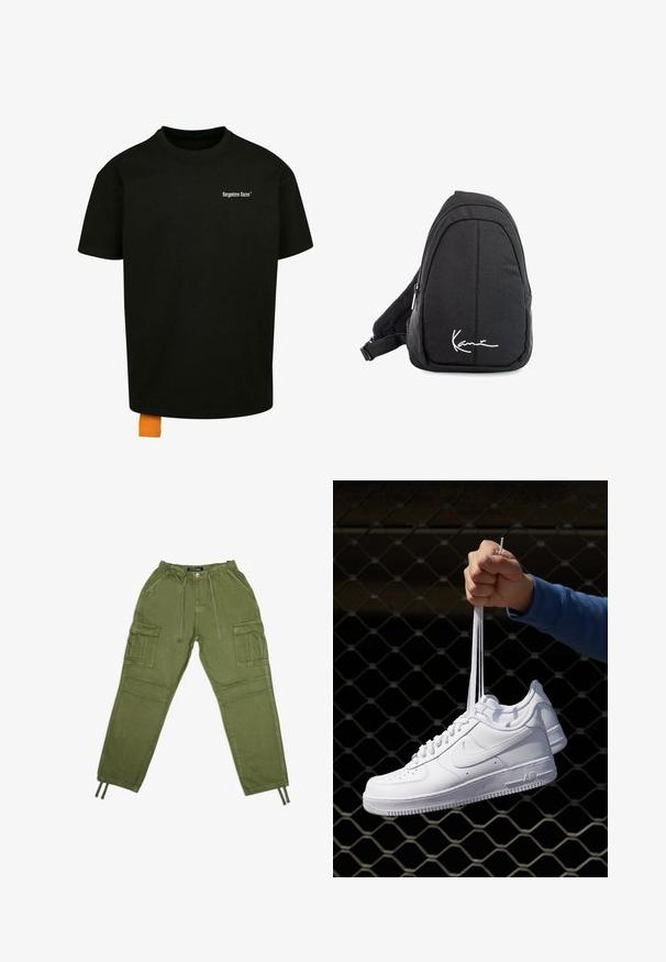 Fekete pamut póló laza szabással, kerek nyakkal és rövid ujjakkal. Fehér szöveges logóval a mellrészen és narancssárga címkével az alján.; Olive zöld cargo nadrág könnyű anyagból, rugalmas derékkal, zsinórral és több oldalzsebbel.; Fehér bőr sportcipők perforációval, kerek orral, lapos talppal és vastag fűzőkkel, látható swoosh logóval és "AIR" felirattal a sarokrészen.; Fekete szövet válltáska sima textúrával, ívelt kialakítással, cipzáras rekesszel, és egy fehér logóval az elején.