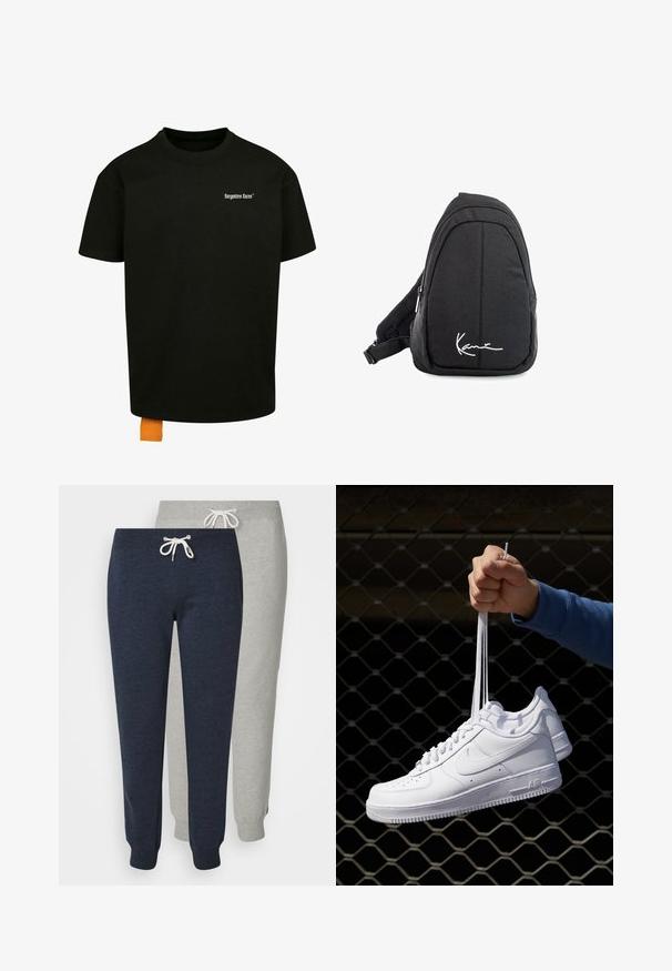 Fekete pamut póló laza szabással, kerek nyakkal és rövid ujjakkal. Fehér szöveges logóval a mellrészen és narancssárga címkével az alján.; Két pár joggingnadrág: az egyik sötétkék, a másik világosszürke. Puha anyagból készült, elasztikus mandzsettákkal és zsinóros derékkal.; Fehér bőr sportcipők perforációval, kerek orral, lapos talppal és vastag fűzőkkel, látható swoosh logóval és "AIR" felirattal a sarokrészen.; Fekete szövet válltáska sima textúrával, ívelt kialakítással, cipzáras rekesszel, és egy fehér logóval az elején.
