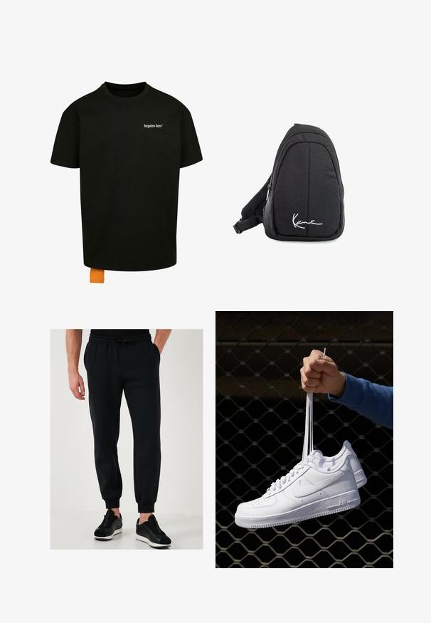 Black cotton t-shirt with a loose fit, crew neck, and short sleeves. Features white text logo on the chest and an orange tag at the hem.; Black sweatpants with elastic waistband, side pockets, and cuffed ankles. Made of soft fabric, paired with black athletic shoes.; White leather sneakers with perforations, round toe, flat sole, and thick laces, featuring a visible swoosh logo and "AIR" on the heel.; Black fabric sling backpack with a smooth texture, featuring a curved design, zippered compartment, and a white logo on the front.